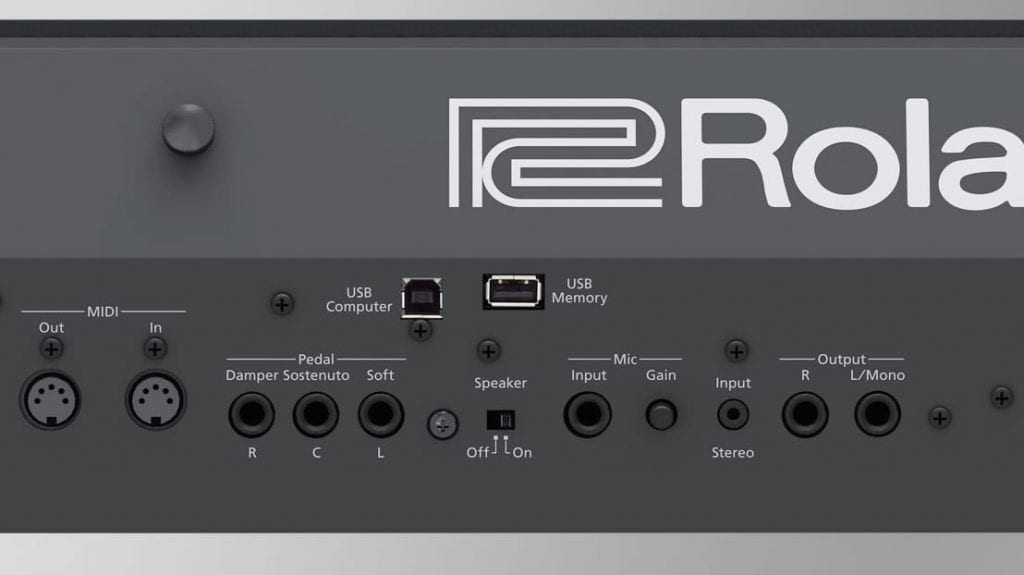 Versatile and professional connectivity: Three pedal jacks, speaker on/off switch, MIDI in/out, stereo input (mini jack), mic input with gain control, audio outputs (L/mono, R), USB to host (computer) and USB to device (memory). (Image Source: Roland)