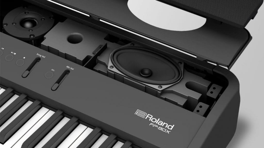 The built-in speaker system of the Roland FP-90X produces a powerful and balanced sound. (Image Source: Roland)