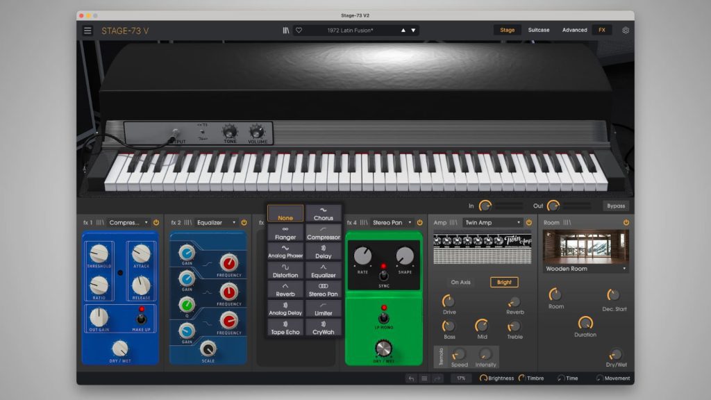 The effect selection is relatively small, but tailored to vintage electric pianos and of very good quality.