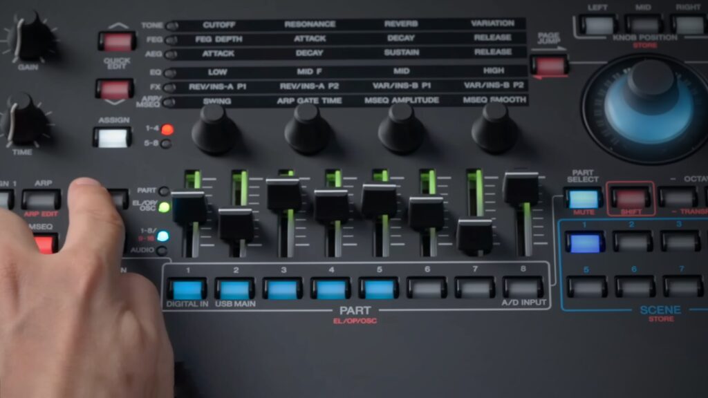 The eight faders allow you to dive right into the sound. You can use them to control the volume of a sound or the individual sounds of a layer patch. The four knobs above let you quickly adjust the sound with filters, equalizers, and envelopes. (Image Source: Yamaha) The eight faders allow you to dive right into the sound. You can use them to control the volume of a sound or the individual sounds of a layer patch. The four knobs above let you quickly adjust the sound with filters, equalizers, and envelopes. (Image Source: Yamaha)